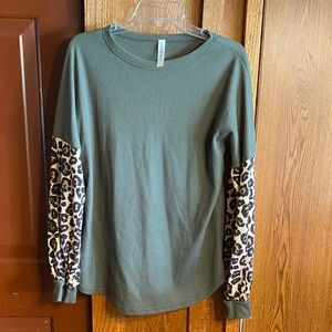 Tickled Teal Olive Green Waffle Knit Top with Leopard Print Sleeves